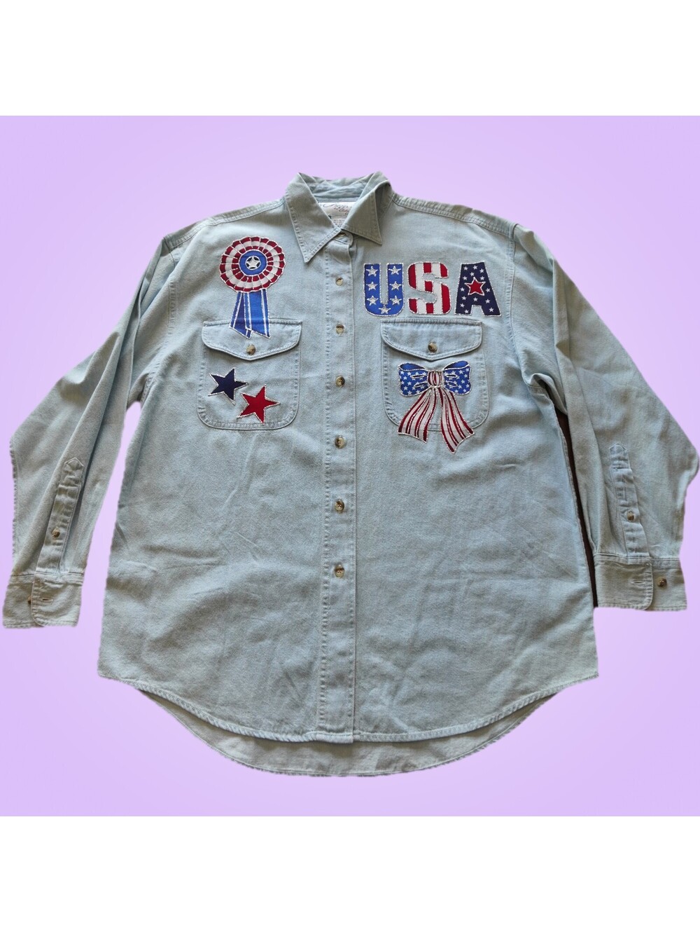 Vintage Chazin Patriotic USA Appliqué Chambray Shirt Women’s Medium